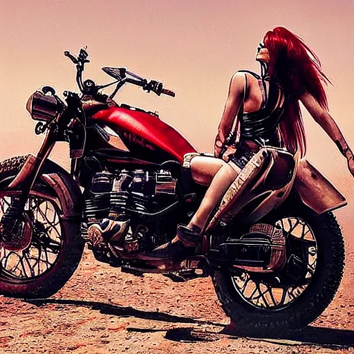 Prompt: Okay, Stable Diffusion, listen up. I want my image to be this girl, and she's got like, red hair. And it's all spikey and stuff. And then she's on this motorbike, I reckon. She's driving it through a desert, but it's like a Mad Max type desert and there are people chasing her.