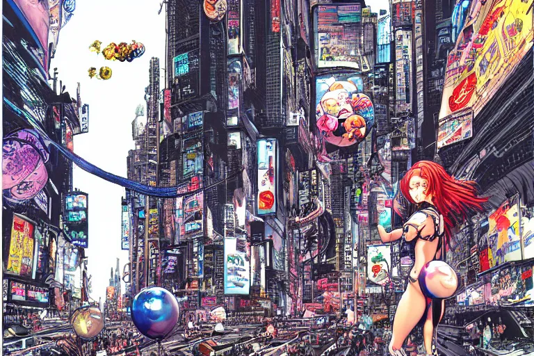 Prompt: an intricate, awe inspiring cyberpunk illustration of a girl with balloon, Times Square, by masamune shirow and katsuhiro otomo ((colorful))