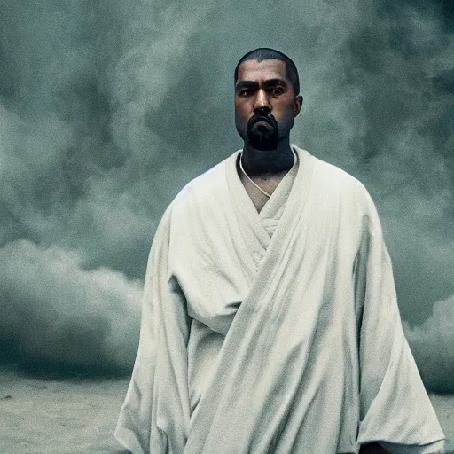 Image similar to cinematic film still of Kanye West starring as a Samurai holding fire, Japanese CGI, VFX, 2022, 40mm lens, shallow depth of field, film photography