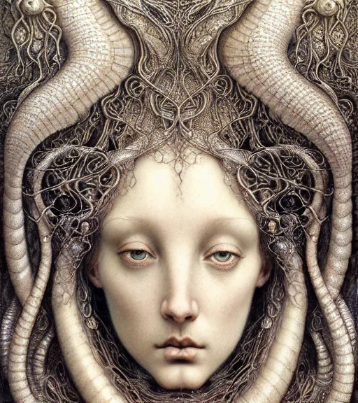 Prompt: detailed realistic beautiful mermaid goddess face portrait by jean delville, gustave dore, iris van herpen and marco mazzoni, art forms of nature by ernst haeckel, art nouveau, symbolist, visionary, gothic, neo - gothic, pre - raphaelite, fractal lace, intricate alien botanicals, ai biodiversity, surreality, hyperdetailed ultrasharp octane render