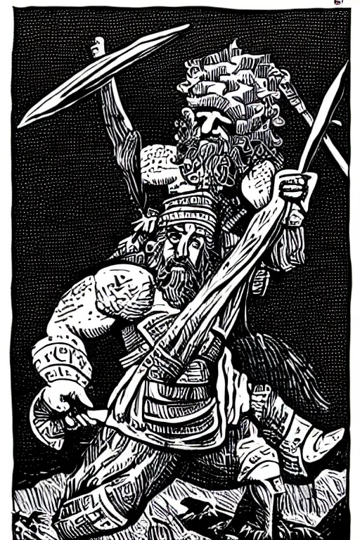 Image similar to ancient historically accurate depiction of the Bible Character Goliath of Gath, the Philistine warrior giant by mcbess