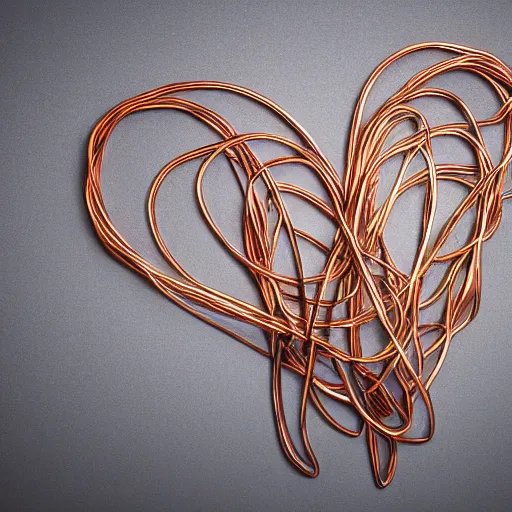 Image similar to photo of a beautiful organic sculpture made of copper wires and pipes in the shape of a human heart. studio lighting, high resolution