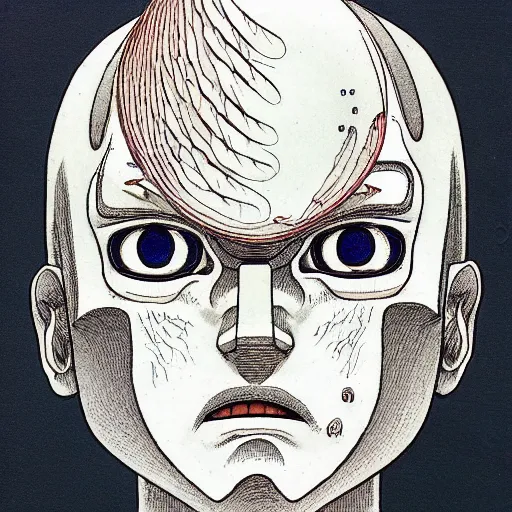 Prompt: prompt: Fragile looking vessel portrait face drawn by Katsuhiro Otomo, inspired by Dennis Ziemienski, magical and alchemical objects on the side, soft light, white background, intricate detail, intricate ink painting detail, sharp high detail, manga and anime 2000