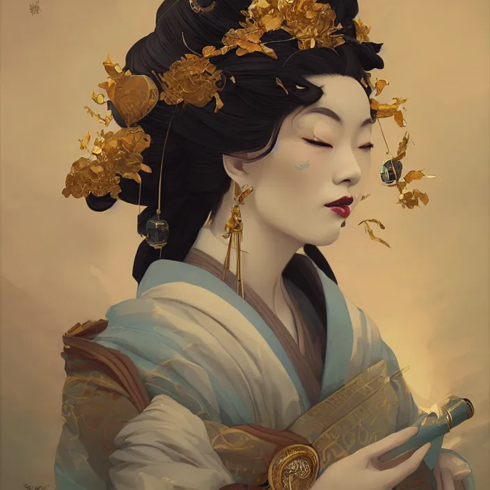 Image similar to asian geisha, by peter mohrbacher, intricate detail, artstation, artgerm, in the style of darkness fantasy, rococo, gold leaf art, rime lighting