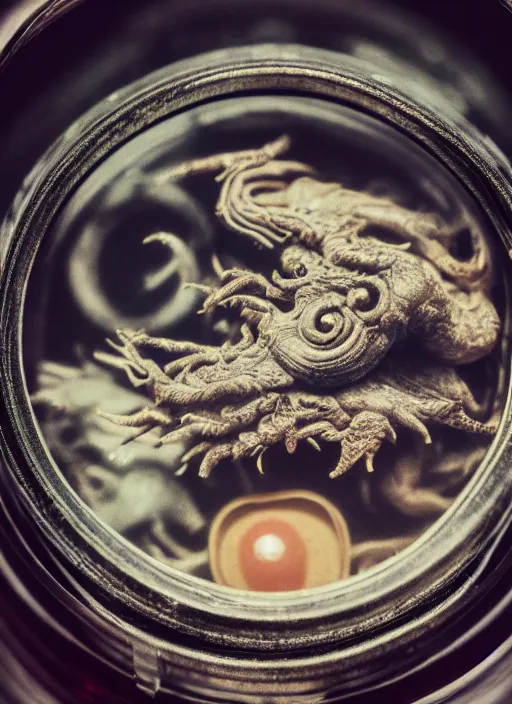 Image similar to enclosed ecosystem of ancient chinese myth lifeforms, animals, creatures, human, monster, delicious, vintage movie camera, in a jar, museum, frostbite 3 engine, portrait, 8 k post - processing, highly detailed