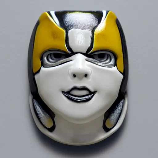 Image similar to bumblebee face in white ceramic material, photorealistic, extreme details