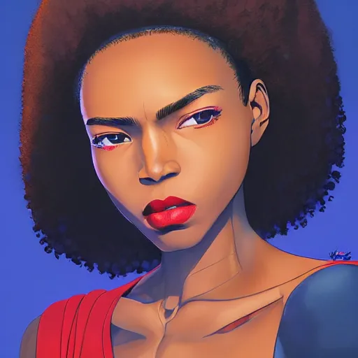 A superhero black woman with big Afro cute brown eyes