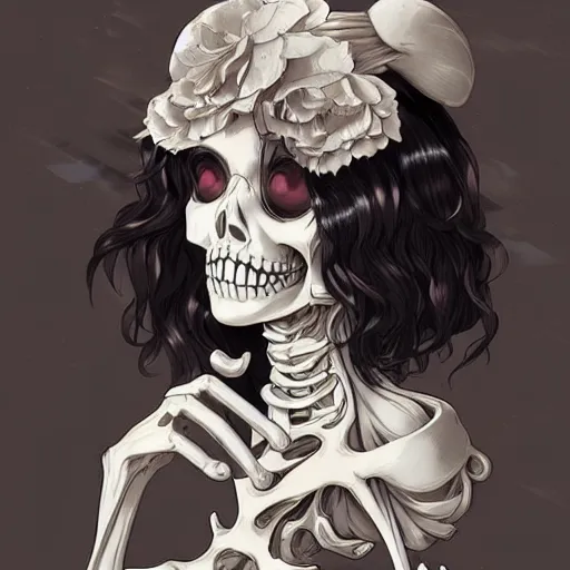 Image similar to anime manga skull young woman skeleton, snow white, unreal engine, intricate, elegant, highly detailed, digital art, art by JC Leyendecker and sachin teng