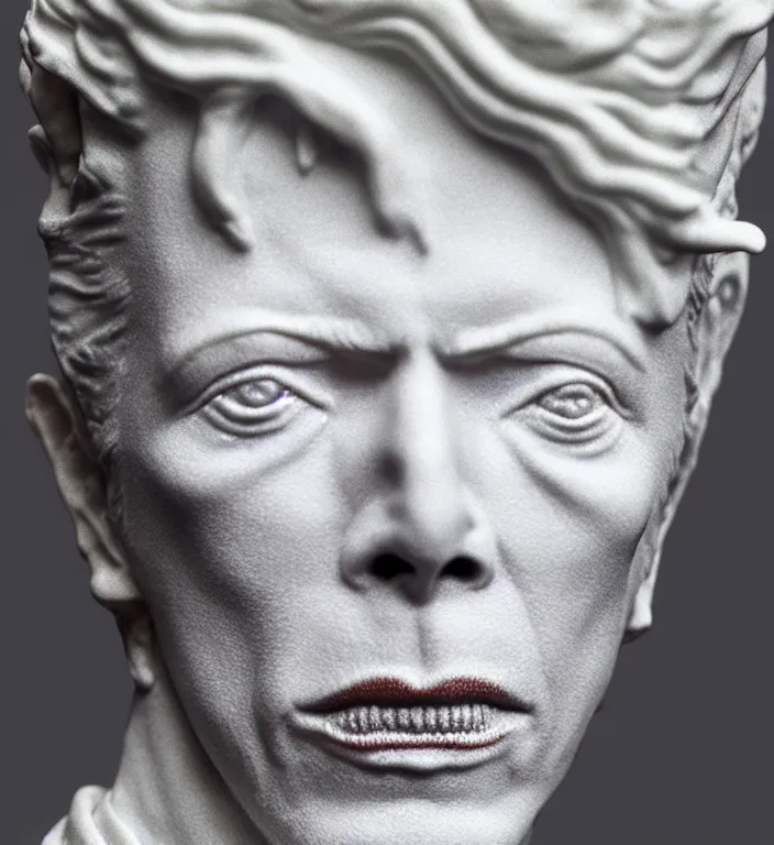 Prompt: David Bowie , A Close up photo-real delicate ceramic porcelain sculpture of a symmetrical ornate detailed in front of an intricate background by Victo Ngai and takato yamamoto, micro detail, backlit lighting, face in focus, subsurface scattering, translucent, thin porcelain, octane renderer, colorful, physically based rendering, japanese pottery, trending on cgsociety