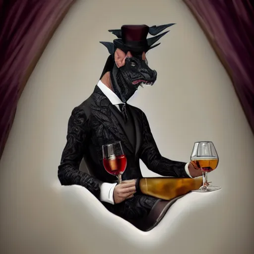 Image similar to portait drawing of a dragon male wearing tuxedo holding a 🍷, digital art, digital painting, masterpiece, elegant, hyper realistic, award winning, 8 k, behance, artstation, unreal engine 5, octane render, masterpiece, sharp focus, intricate, ornate