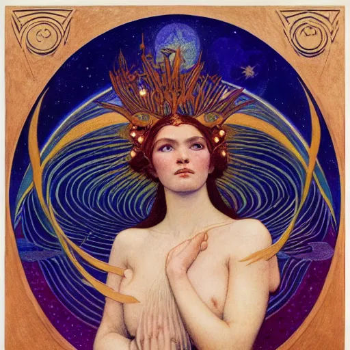 Prompt: queen of the moon with stars in her hair, by nicholas roerich and annie swynnerton and donato giancola and dulac and elihu vedder, dramatic lighting, god rays, geometric tattoos, rich colors, smooth sharp focus, extremely detailed, leo and diane dillon, adolf wolfli