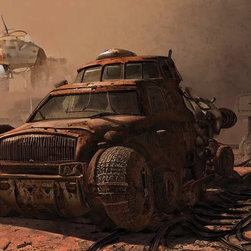 Image similar to a post-apocalyptic tank in the style of mad-max in the style of fallout in the style of metro:2033 trending on artstation deviantart Pinterest Photorealistic HD 8k highlights and shadow detailed High Resolution