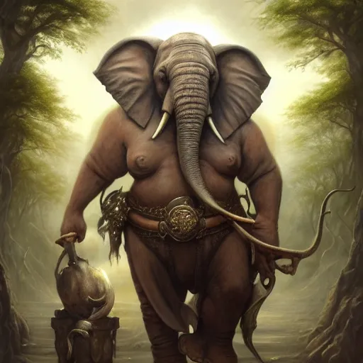 Image similar to fantasy portrait, elephant man, d & d loxodon, wearing loincloth, holding holy symbol, fat, rpg game, main character, detailed, digital painting, artstation, sharp focus, illustration, tomasz alen kopera, peter mohrbacher, donato giancola, joseph christian leyendecker, wlop, frank frazetta