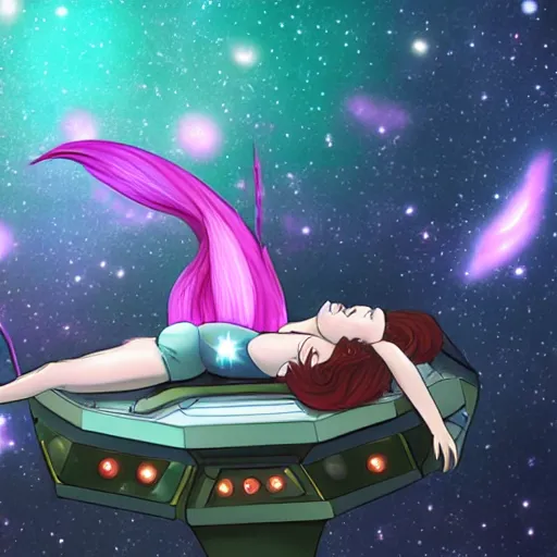 Prompt: fae valentine lying down ontop of her spaceship taking a nap