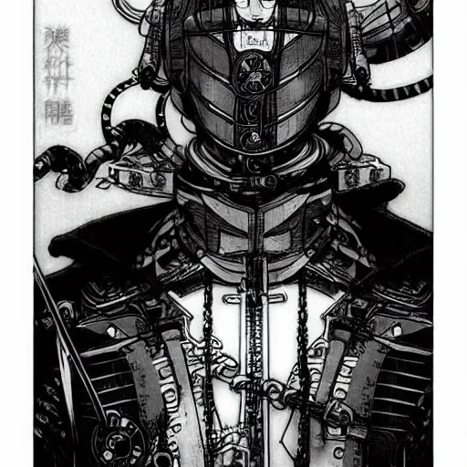 Prompt: a vertical portrait of a manga character in a scenic environment by nihei tsutomu, black and white, dreamy, steampunk armor, highly detailed