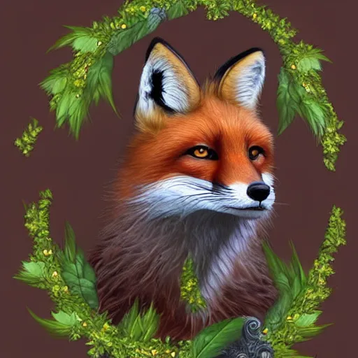 Image similar to fox wearing a wreath, fantasy art, trending on artstation