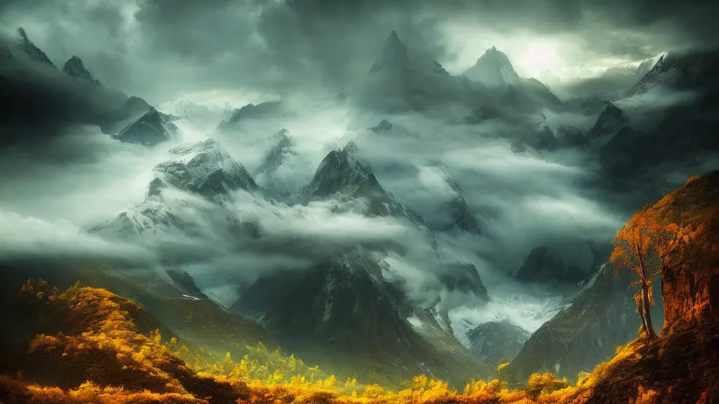 Image similar to amazing landscape photo by marc adamus, beautiful dramatic lighting