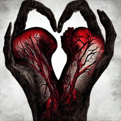 Prompt: an artwork of hands ripping a heart in two broken pieces, sadness, dark ambiance, an album cover by Godfrey Blow, featured on deviantart, lyco art, artwork, photoillustration, poster art