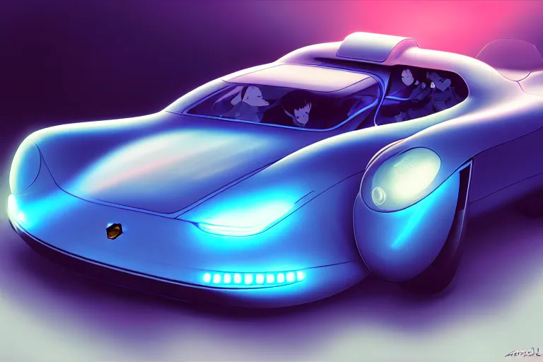 Prompt: futuristic Porsche designed by Apple, Ilya Kuvshinov, digital, concept art, Kyoto animation, last exile, blue submarine no. 6,loish, murata range, kawaii, yoshitaka amano, studio lighting, manga, bright colors, beautiful, 28mm lens,alphonse mucha, vibrant high contrast, gradation, jean giraud, moebius, fantasy, rule of thirds, fibonacci, intricate, cel shaded, flat, matte print, makoto shinkai