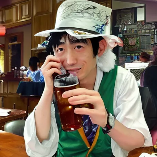 Image similar to touhou project creator and video game designer zun drinking a beer