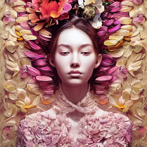 Image similar to the portrait of an absurdly beautiful, graceful, elegant, and wise young woman made of bananas and petals, an ultrafine detailed illustration by kim jung gi, irakli nadar, intricate linework, bright colors, final fantasy, behance contest winner, angular, unreal engine 5 highly rendered, global illumination, radiant light, detailed and intricate environment