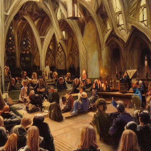 Prompt: witchcraft seminar at a university, by donato giancola and berthold woltze.