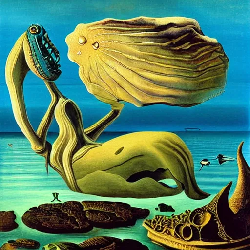 Image similar to Cambrian sea creatures painting by Salvador Dali