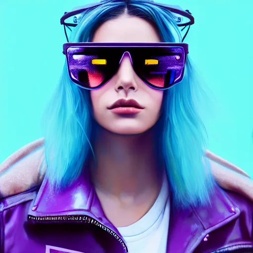 Image similar to closeup painting of a very beautiful young mexican cyberpunk woman with a smirk, wearing light blue shutter shades and a purple coloured leather jacket, one side haircut, long brown hair with light blue ends, portrait, hyperdetailed, artstation, cgsociety, 8 k, synthwave by tangerine dream