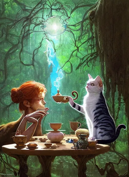 Image similar to cat having tea with a sorceress at a shrine in the woods by a stream, river gorgeous lighting, lush forest foliage blue sky a hyper realistic painting by chiara bautista and beksinski and norman rockwell and greg rutkowski weta studio, and lucasfilm