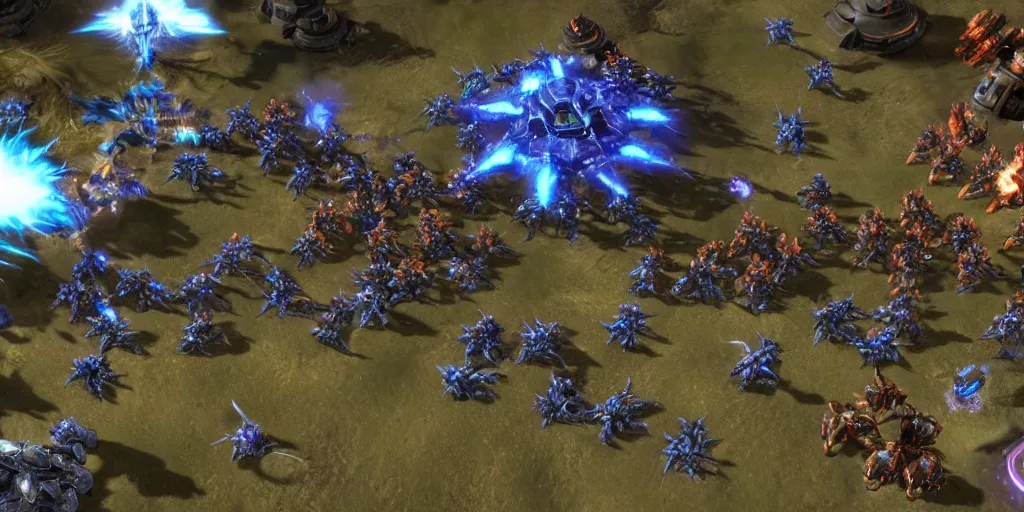 Image similar to a screenshot from starcraft 2, rts game, professional match, protoss and zerg