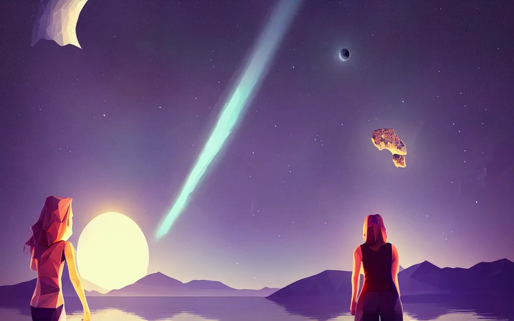 Image similar to girl staring at a meteorite hitting a calm lake at night by wlop, low poly art, ultra detailed color art, high detail, digital art