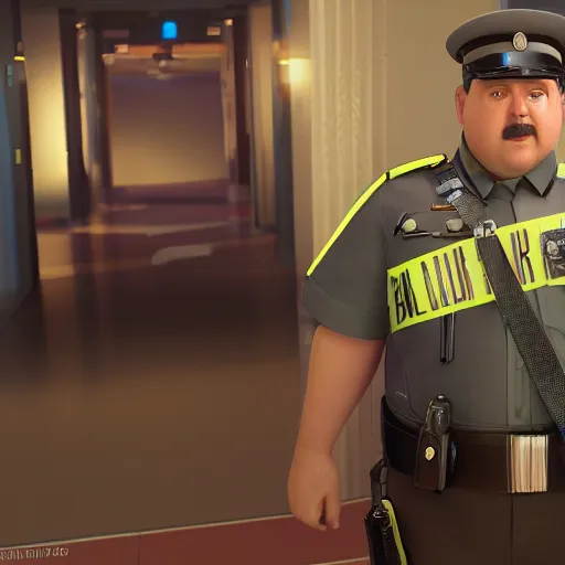 Image similar to paul blart mall cop, hyperrealistic, concept art, octane render, unreal engine 5, path tracing, advanced technology, soft lighting, ruined, alien, high quality, highly detailed, 8 k, complementary colors, cgsociety