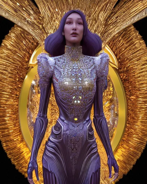 Prompt: a highly detailed metahuman 4 k close up render of an alien goddess bella hadid monument flying in iris van herpen dress schiaparelli in diamonds crystals swarovski and jewelry iridescent in style of alphonse mucha gustav klimt trending on artstation made in unreal engine 4