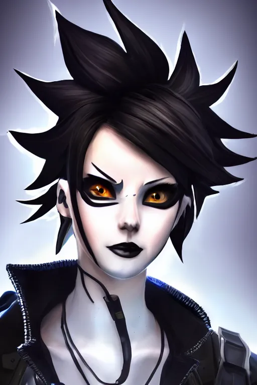 Image similar to digital drawing of tracer from overwatch in a goth style, wearing black lipstick and black eyeliner, 4 k, artstation, beautiful artwork, volumetric lighting, extremely detailed, neutral expression, focus on face, fog,