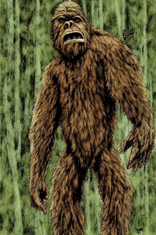 Image similar to happy bigfoot in the woods artwork by ben templesmith