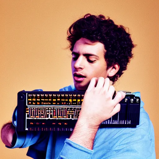 Prompt: portrait of the man with brown curly hair playing a teenage engineering op - 1 synthesizer shot on hasselblad camera with kodak ektachrome film in studio