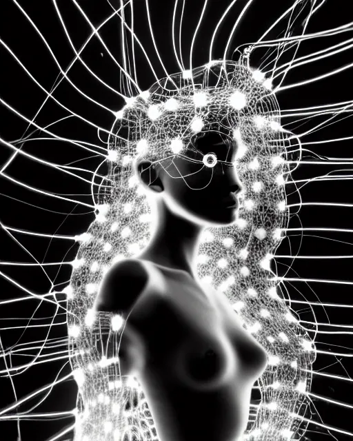 Image similar to black and white connected cyborg - plant goddess high quality photo, microchip, artificial intelligence, bio - mechanical bio - luminescence, black wired cables, neurons, nerve cells, cinematic, rim light, photo - realistic, elegant, high detail, 8 k, masterpiece, high fashion, in the style of man ray