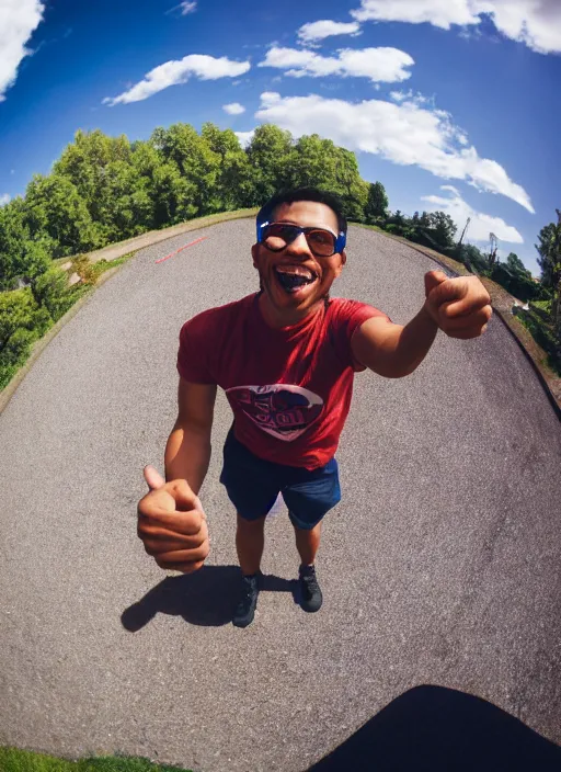 Image similar to photo of a person smiling and giving a thums up out doors. fisheye lens