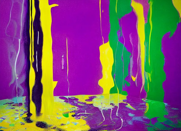 Prompt: minimalistic abstract painting in shape of waterfall, in purple, yellow, dark green, beige, by hernan bas and pat steir and hilma af klint, psychological, photorealistic, dripping paint, washy brush, oil on canvas, matte painting, rendered in octane, altermodern, masterpiece