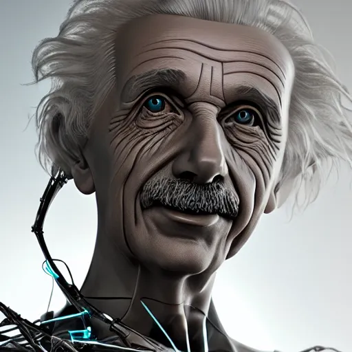 Image similar to portrait ethereal biomechanical android albert einstein with incredible technological hair, masterpiece crystalline incrustations, hyper - detailed face, elegant posed, intricate, octane render, cinematic lighting, cgsociety, unreal engine,