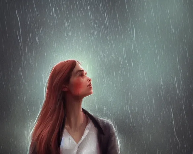 Prompt: woman standing in the rain looking up, digital art, artstation