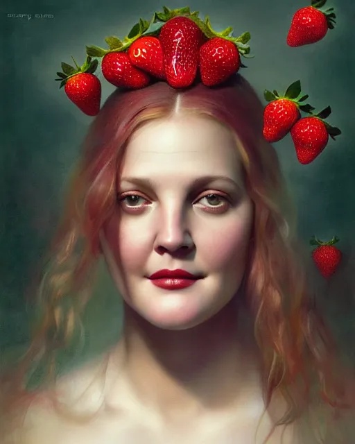 Prompt: beauty portrait, drew barrymore, strawberries, headgear leaves, wild berries, by tom bagshaw, greg rutkowski, ilya kuvshinov, craig mullins, intricate background. sharp focus, award winning, luminous