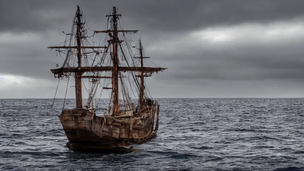 Prompt: A long shot angle of a wooden old ship in the ocean