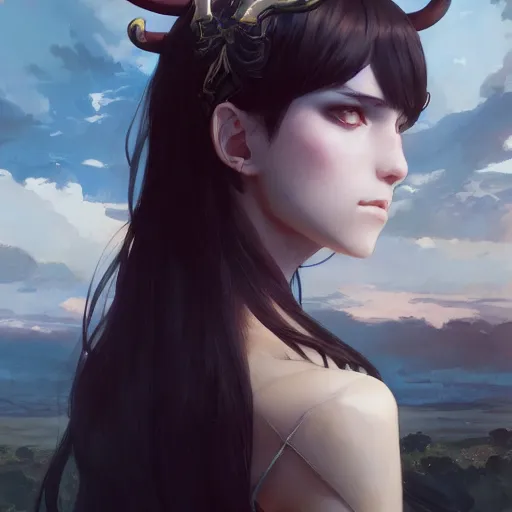 Image similar to a beautiful anime girl wtih demon horns and snake tails,full body portrait,by Greg Rutkowski and Ilya Kuvshinov and william waterhouse,super clear detailed,hyper realistic,trending on artstation,8k