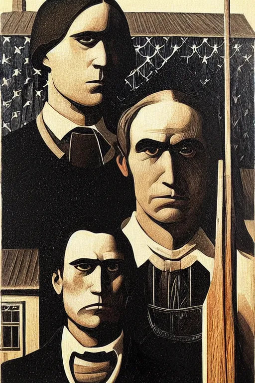 Prompt: american nightmare by grant wood, carpenter gothic