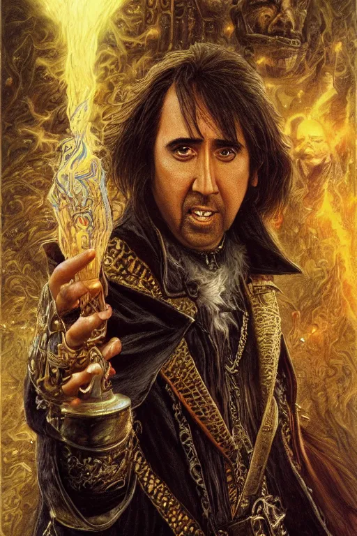 Image similar to Nicolas Cage as wizard, fantasy, intricate, highly detailed, artstation, illustration by ken kelly