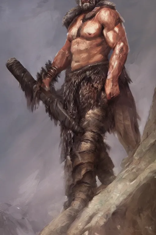 Image similar to a full body fantasy portrait oil painting illustration of a single rugged stoic barbarian man by Justin Sweet with face and body clearly visible, d&d, rpg, forgotten realms, artstation trending, high quality, sombre mood, artstation trending, muted colours, no crop, entire character,