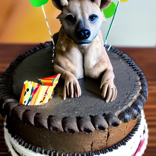 Prompt: a hyena on top of a birthday cake