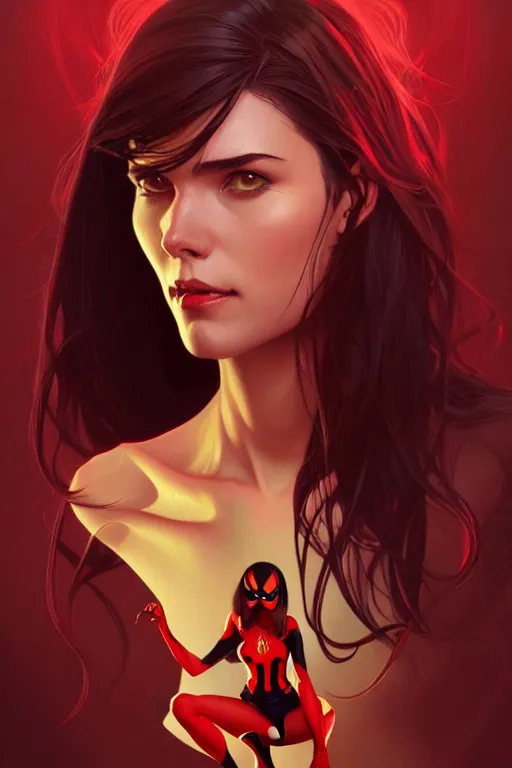 Prompt: a portrait of jessica drew, spider - woman, fantasy, sharp focus, intricate, elegant, digital painting, artstation, matte, highly detailed, concept art, illustration, ambient lighting, art by ilya kuvshinov, artgerm, alphonse mucha, and greg rutkowski