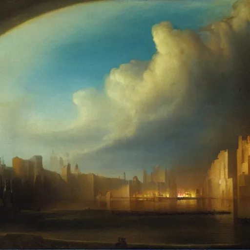 Image similar to a city in the clouds painted by john martin